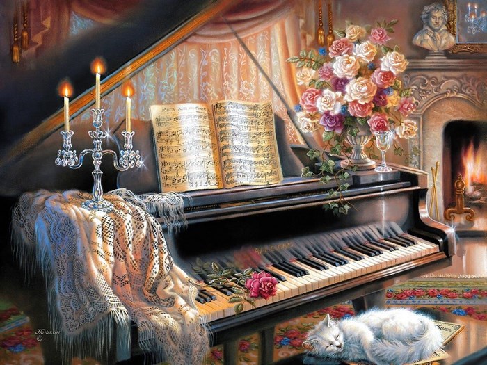 Painting of a grand piano with sheet music and a cat