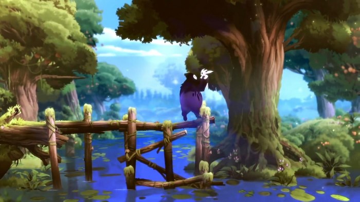 Ori and the Blind Forest character on a wooden bridge