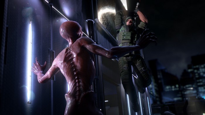 XCOM 2 Alien Confrontation with Soldier in Urban Setting