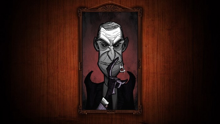 Portrait of a man with a zipper over his mouth from Don't Starve