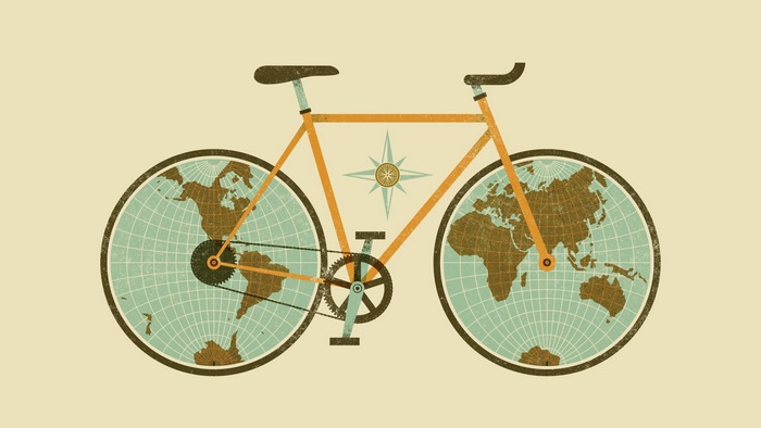 Bicycle with Earth map wheels and compass
