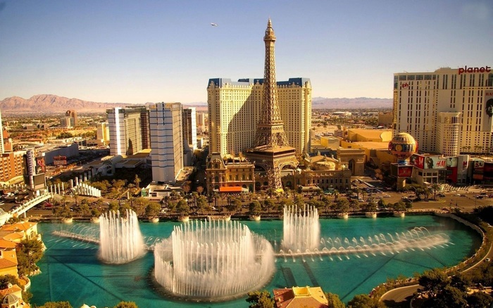 Bellagio Fountains and Eiffel Tower Replica in Las Vegas