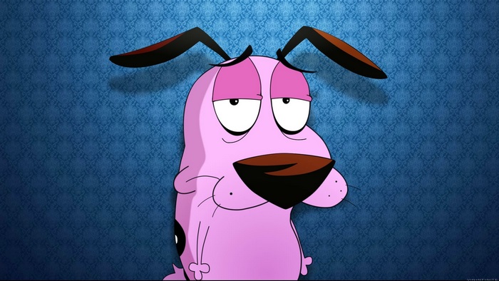 Courage the Cowardly Dog on blue patterned background