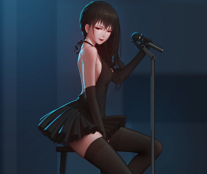 Anime Girl in Elegant Black Dress Singing