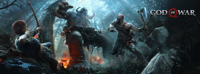 Kratos and Atreus fight a giant in God of War