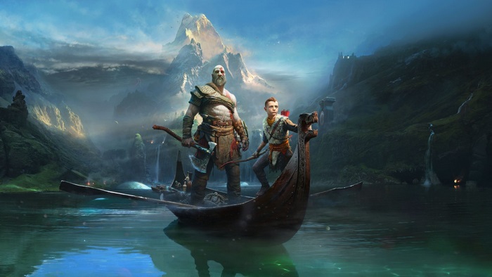 Kratos and Atreus in a boat from God of War