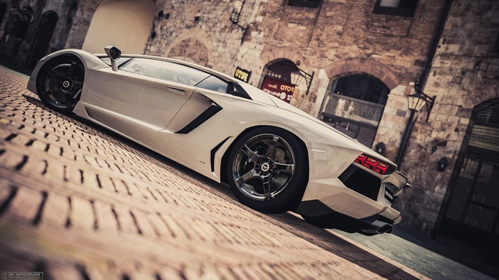 White Lamborghini Aventador on Cobblestone Street 4K