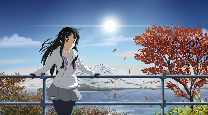 Anime girl in hoodie with Mount Fuji in background 4K