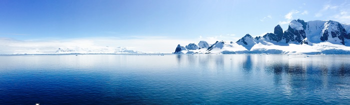 Antarctica 4K panorama of snowy mountains and ocean