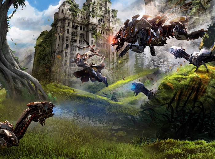 Aloy from Horizon Zero Dawn fighting machines in ruins