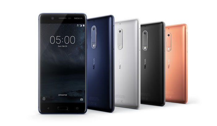 Nokia 5 smartphones in various colors