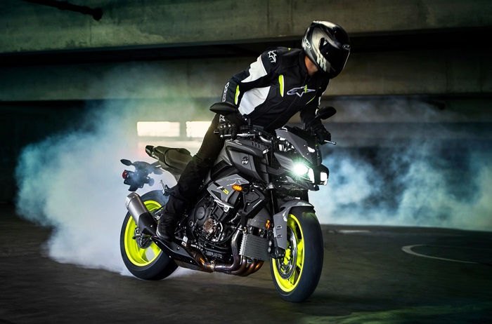 Yamaha MT-10 motorcycle doing a burnout