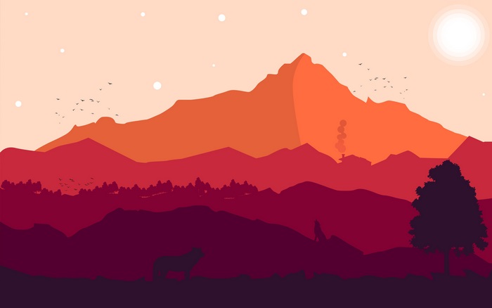 Firewatch 4K landscape with mountains and wolves