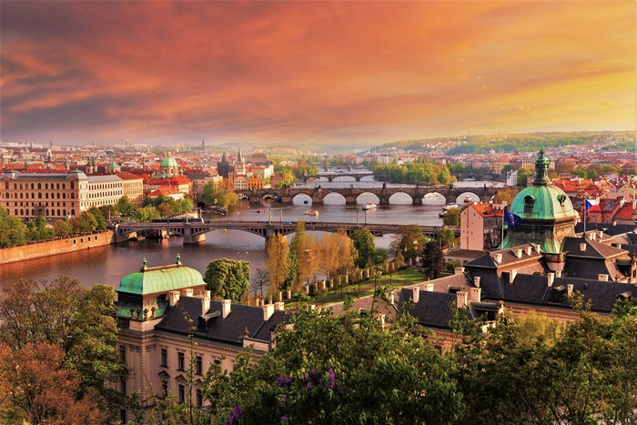 Prague cityscape with Vltava River and bridges
