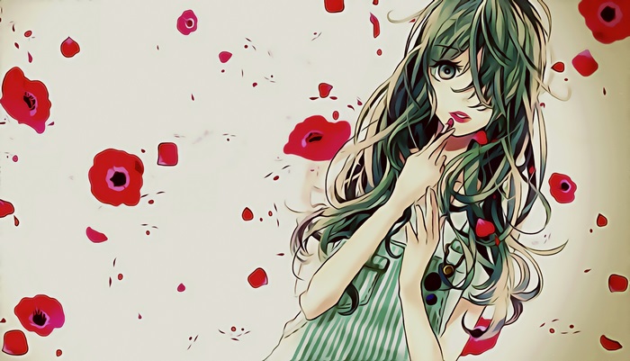 Girl with green hair and red flowers 4K