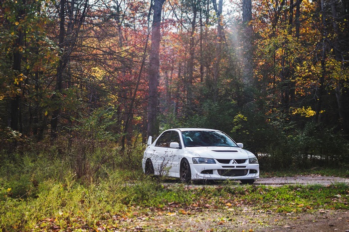White Mitsubishi Lancer Evolution VIII in Autumn Forest