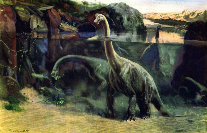Brachiosaurus in a prehistoric river by Zdenek Burian