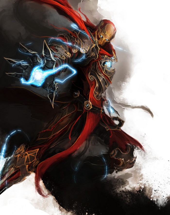 Iron Man in ornate armor with red cloak