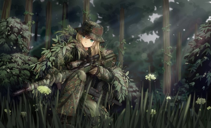 Anime girl in ghillie suit with sniper rifle in forest