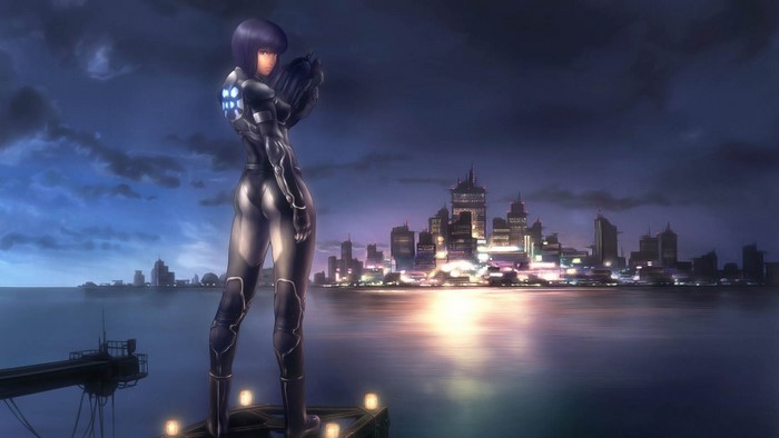 Major Motoko Kusanagi from Ghost in the Shell in a city