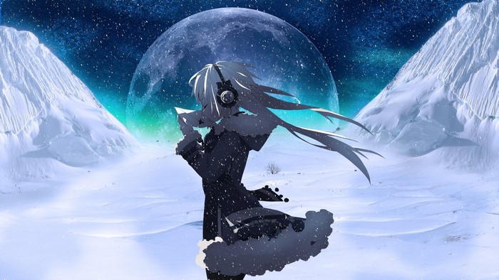 Anime girl with headphones in snowy mountains under a large moon