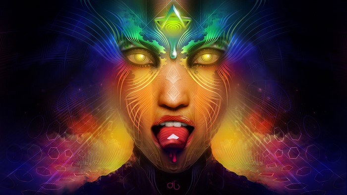 Psychedelic portrait of a woman with colorful abstract patterns