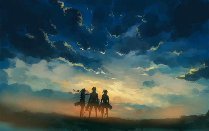Three characters from Attack on Titan against a dramatic sky
