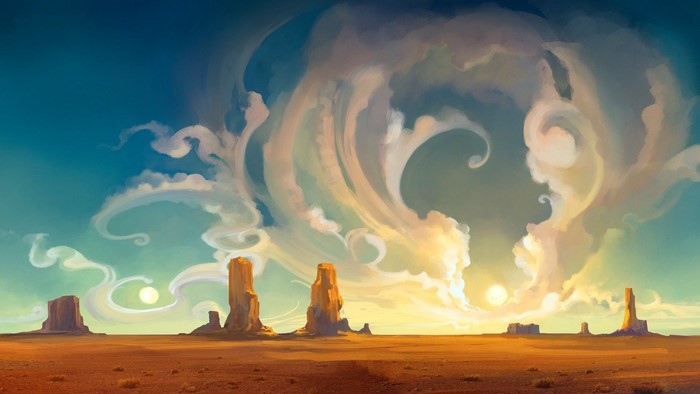 Fantasy desert landscape with rock formations and swirling clouds