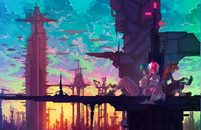 Anime girls in futuristic city with airships