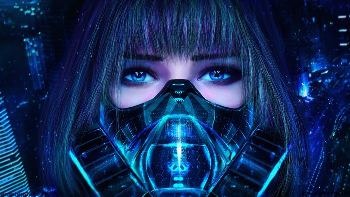 Anime girl with blue eyes and gas mask in city