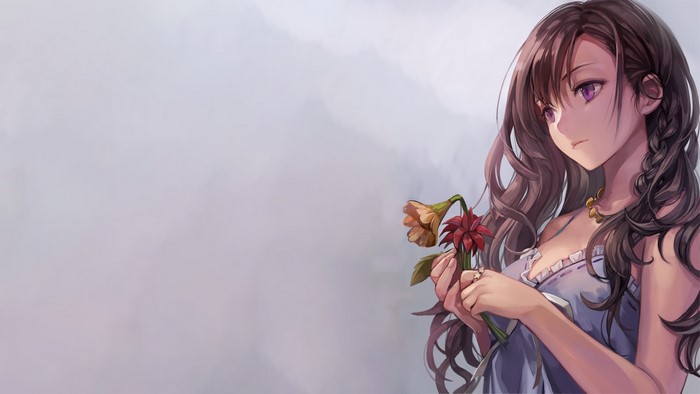 Anime girl with flowers and purple eyes
