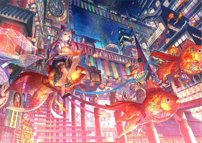 Anime girl on a giant goldfish in a fantastical Asian city