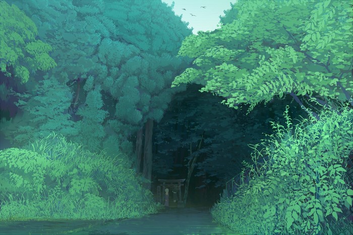 Anime forest path with torii gate