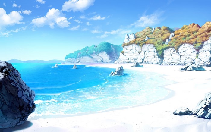 Anime beach with white sand and blue ocean