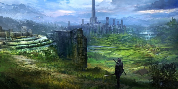 Warrior overlooking ancient ruins and a distant city