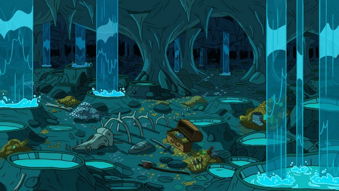 Cave with treasure and waterfalls