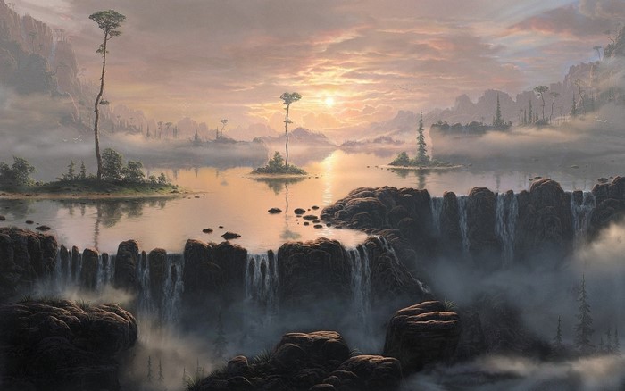Fantasy landscape with lake and waterfalls at sunset