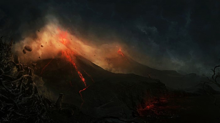 Volcano eruption with lava flows and smoke