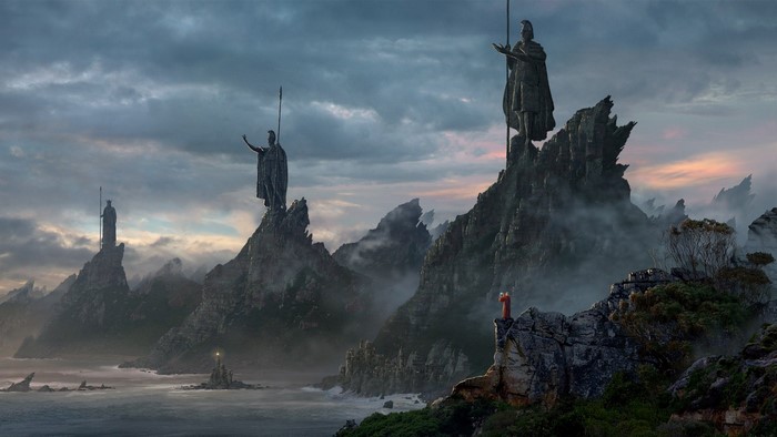 Fantasy statues on rocky cliffs overlooking the sea