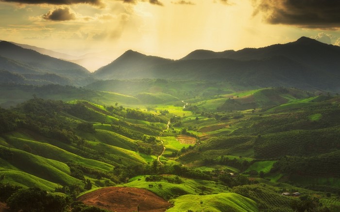 Misty Mountain Valley Sunrise with Sunbeams