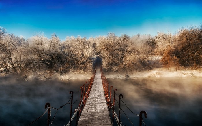 Winter bridge over misty river in forest