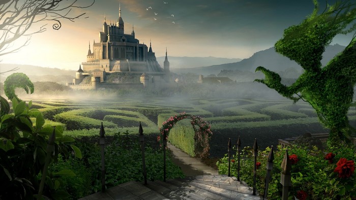 Fantasy castle and maze with topiary dragon