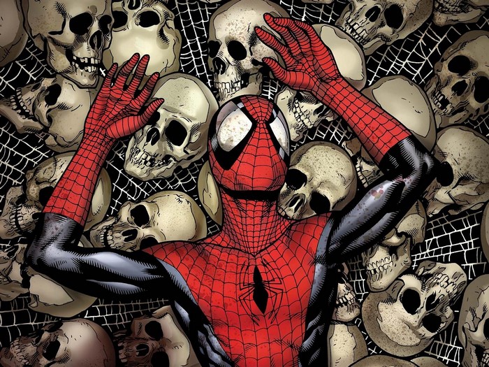 Spider-Man surrounded by skulls