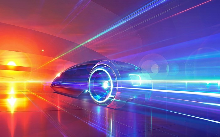 Futuristic car speeding through abstract colorful light streaks