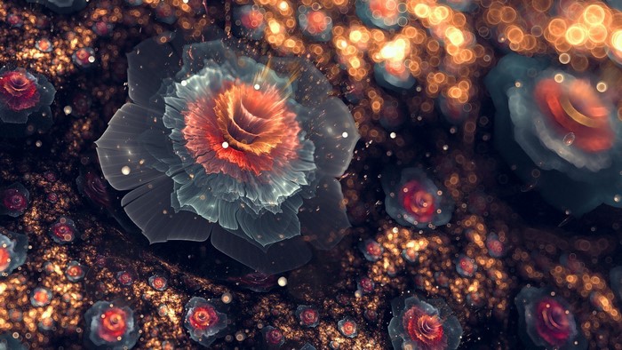Abstract fractal flowers with bokeh and glowing particles