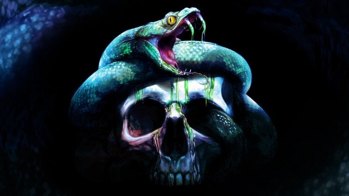 Snake coiled around a skull with dripping green substance