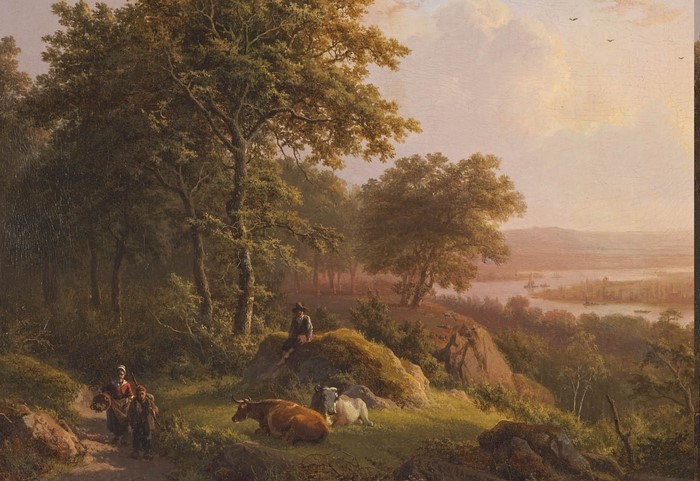 Peaceful Countryside Scene with Peasants and Cows by the River
