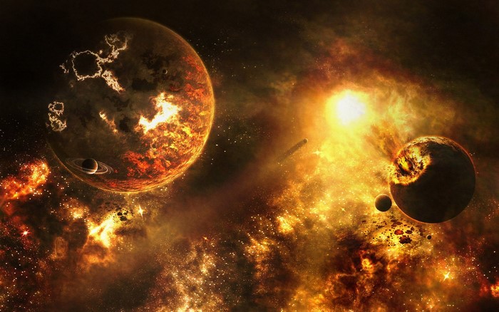 Explosion in space with planets and sun