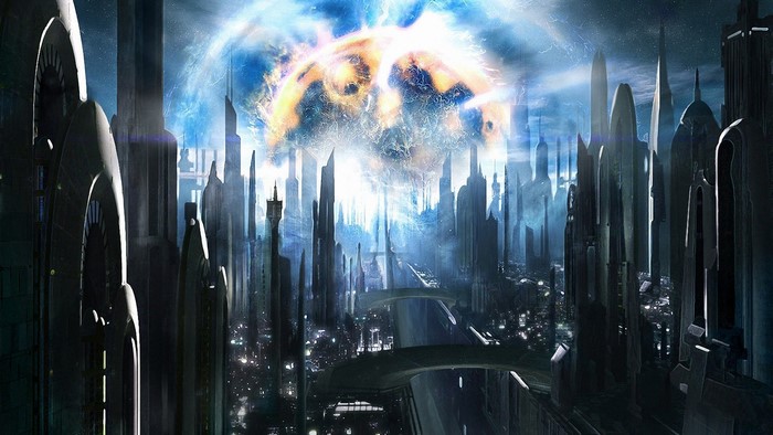 Futuristic Cityscape with Exploding Planet