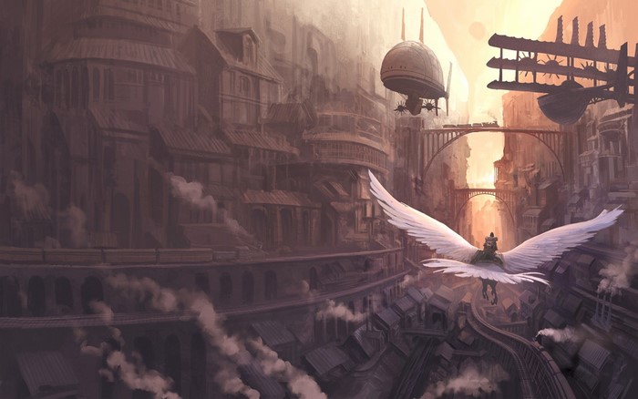 Steampunk city with flying creature and airships